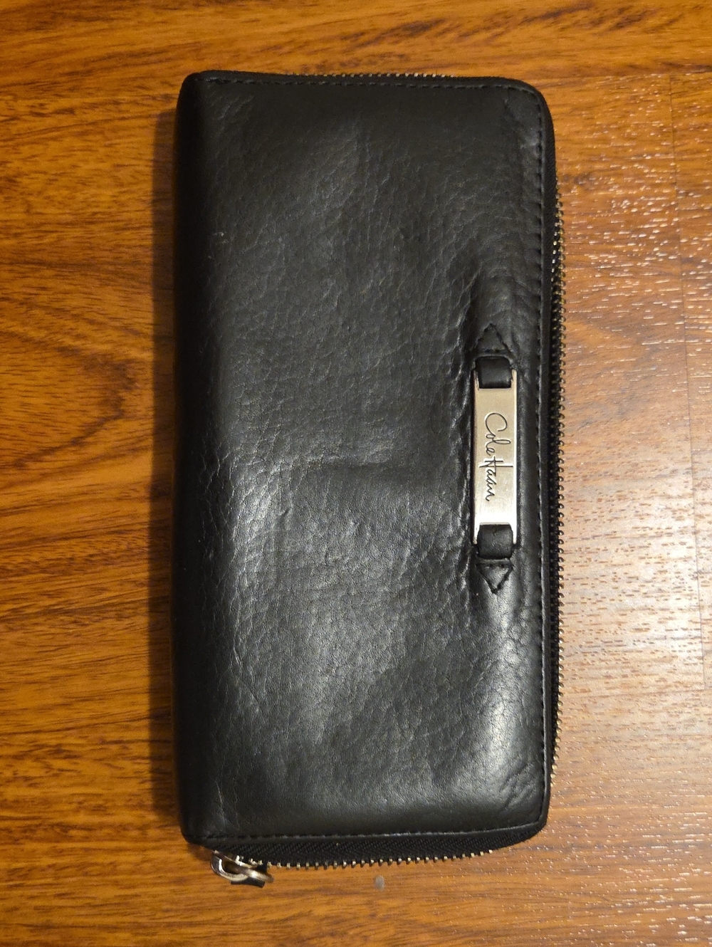 Cole Haan Black Leather Zip-Around Wallet with Logo Plaque
